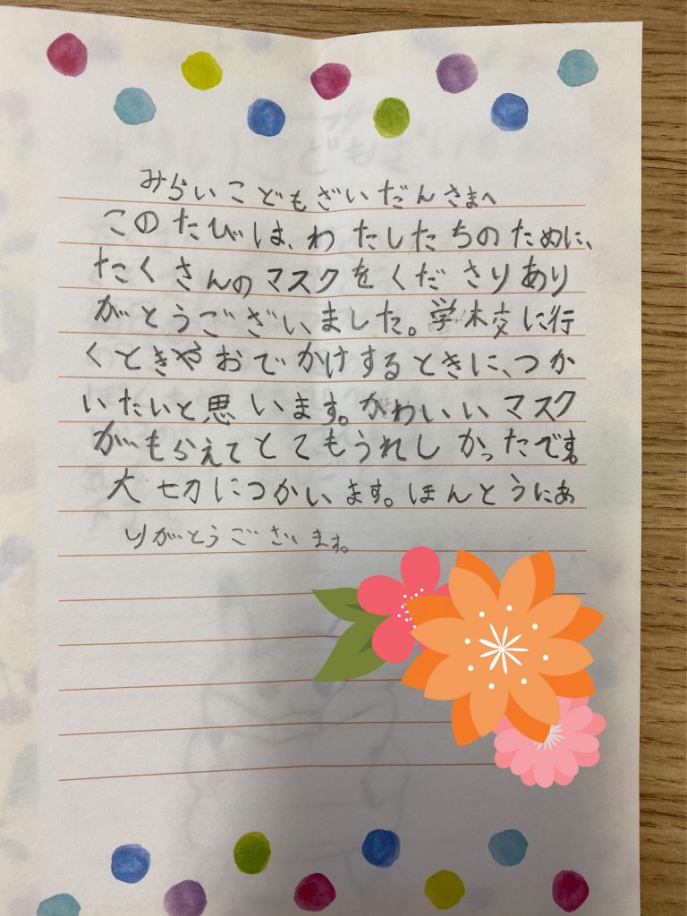 児童養護施設の子供たちからのお礼状 一般財団法人 みらいこども財団 児童養護施設の子供たちからのお礼状 一般財団法人 みらいこども財団